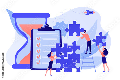 Project management. Business process and planning, workflow organization. Colleagues working together, teamwork. Project delivery concept. Pinkish coral bluevector isolated illustration