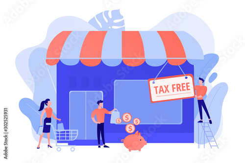 Opening new business, startup without taxation. Tax free service, VAT free trading, refounding VAT services, duty free zone concept. Pinkish coral bluevector isolated illustration