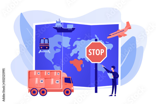 Banned products transportation, smuggling. Embargo regulation, sanctions goods, limited importation exportation of goods concept. Pinkish coral bluevector isolated illustration