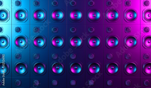 black loudspeaker on a black background in neon light
