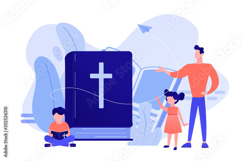 Tiny people, kids boy and girl in christian summer camp reading bible. Religious summer camp, faith based camp, religious education concept. Pinkish coral bluevector isolated illustration