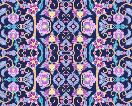 Wallpaper Mural Seamless pattern with stylized ornamental flowers in retro, vintage style. Jacobean embroidery. Colored vector illustration In pink, blue, ultraviolet colors. On navy blue background. Torontodigital.ca