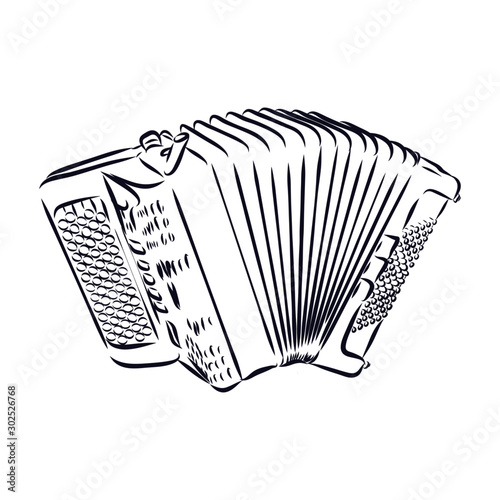 accordion isolated on white background, bayan music instrument sketch 