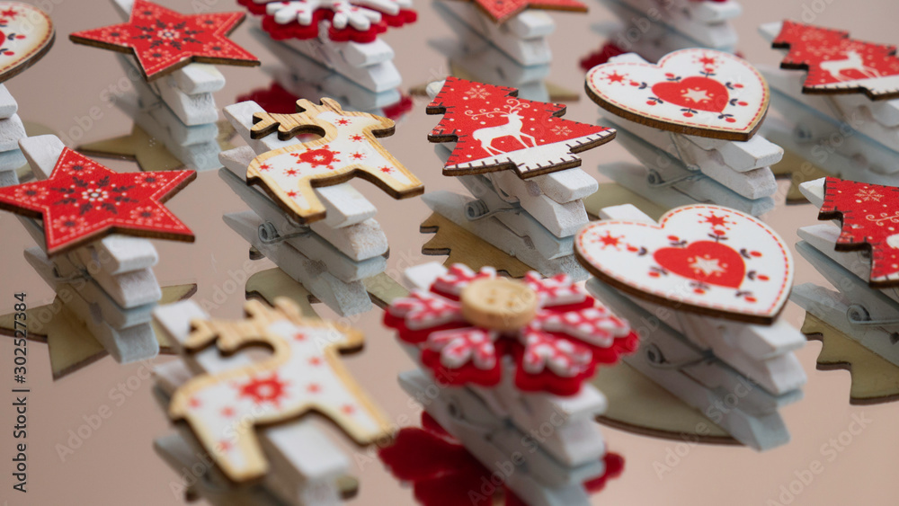 Holiday symbols - Christmas trees, reindeer, snowflakes, stars, hearts.