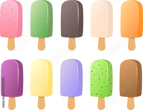 Vector illustration of various kinds of Asian Japanese ice creams or ice pops wth Asian flavors