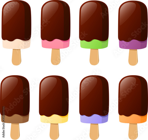 Vector illustration of various kinds of Asian Japanese ice creams or ice pops wth Asian flavors
