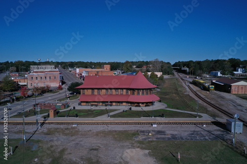 Aerial view of the Old Hamlet NC Train depot. Serving as the terminal for Amtrak. Old historic building. © Rick