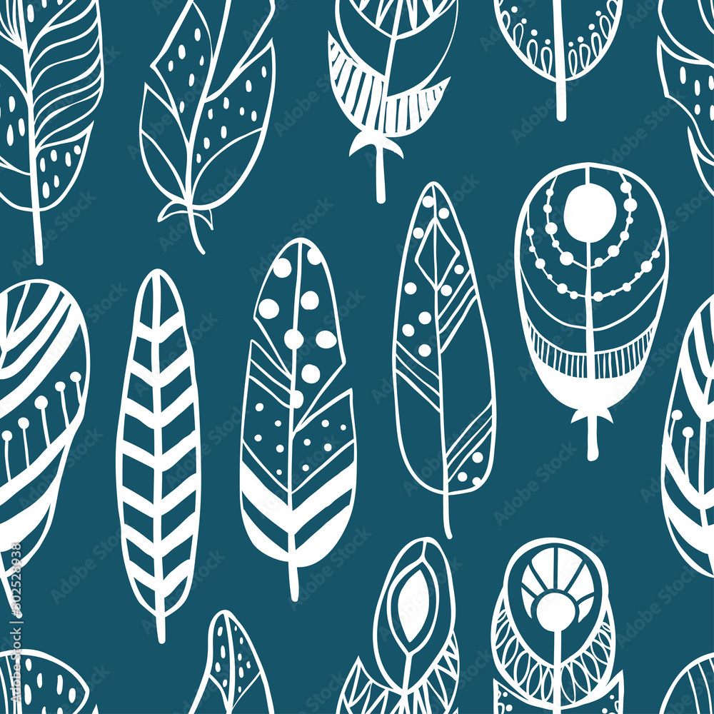 Seamless pattern with hand drawn doodle feathers. Tribal ethnic design. Modern and original textile, wrapping paper, wall art design. Vector illustration.. Seamless pattern with hand drawn doodle feathers. Tribal ethnic design. Modern and original textile, wrapping paper, wall art design. Vector illustration..