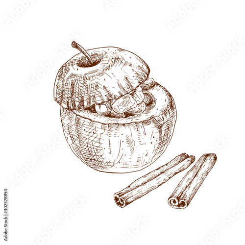 Hand drawn baked apples with cinnamon isolated on white background. Vector illustration.