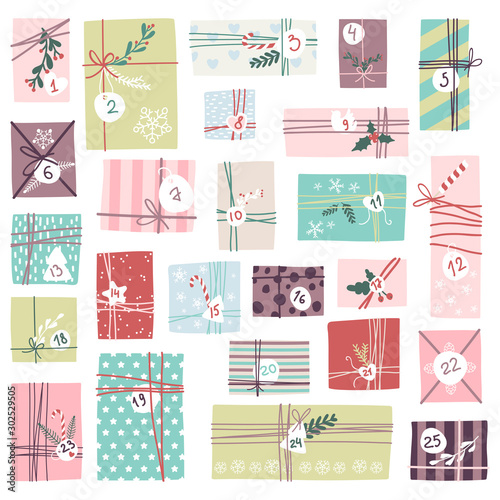 Christmas Adventure Calendar. Cute hand drawn style. Set Vector illustration of gift wrapping