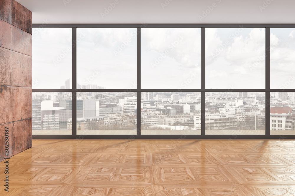 Fototapeta premium Idea of a white empty scandinavian room interior illustration 3D rendering with wooden floor and large wall and white. Background interior. Home nordic
