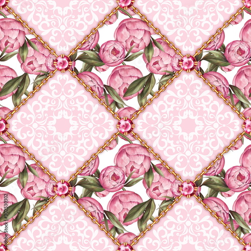Seamless decorative pattern with roses and chains