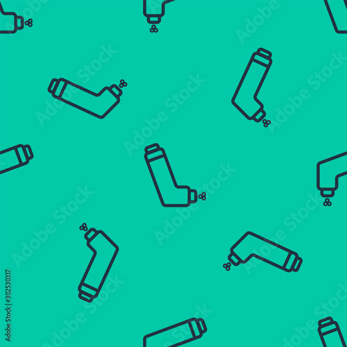 Blue line Inhaler icon isolated seamless pattern on green background. Breather for cough relief, inhalation, allergic patient. Medical allergy asthma inhaler spray. Vector Illustration