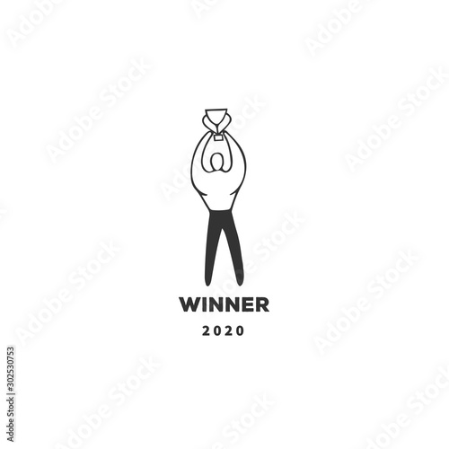 Vector hand drawn logo template, winner, a man with a cup.