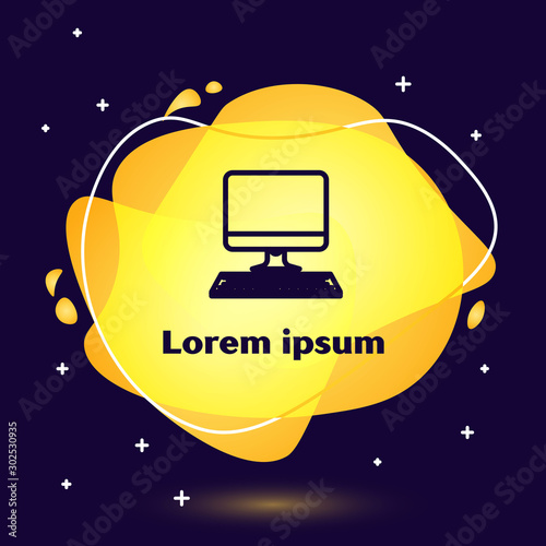 Black line Computer monitor with keyboard icon isolated on dark blue background. PC component sign. Abstract banner with liquid shapes. Vector Illustration