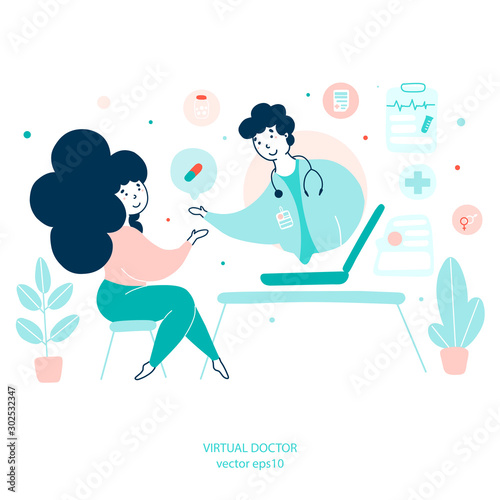 Virtual doctor, remote medical consultations flat vector illustration