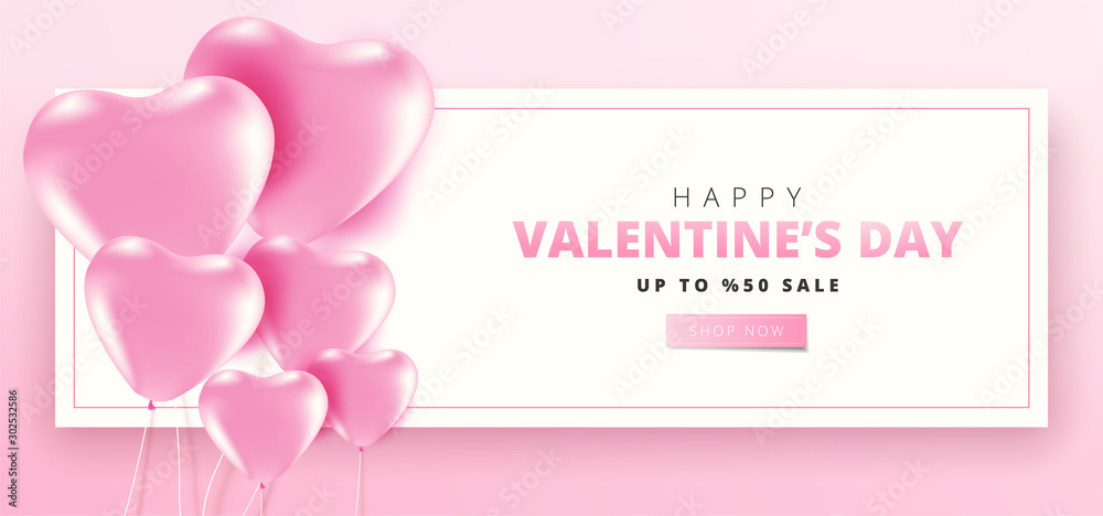 Happy Valentine's Day greeting card design. Holiday banner with heart balloons. Festive vector illustration