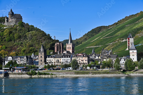 Panoramic View of German Town with Central Church between Two Hills with Castle and Vineyards in Wachau Valley on the Danube River Germany