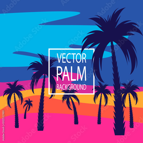 Palm trees. Evening on the beach with palm trees. Palm tree background. For banners, t-shirts, advertising, etc. Flat style. Vector illustration © Bon_man