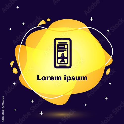 Black line Smartphone with electronic boarding pass airline ticket icon on dark blue background. Passenger plane mobile ticket for web and app. Abstract banner with liquid shapes. Vector Illustration