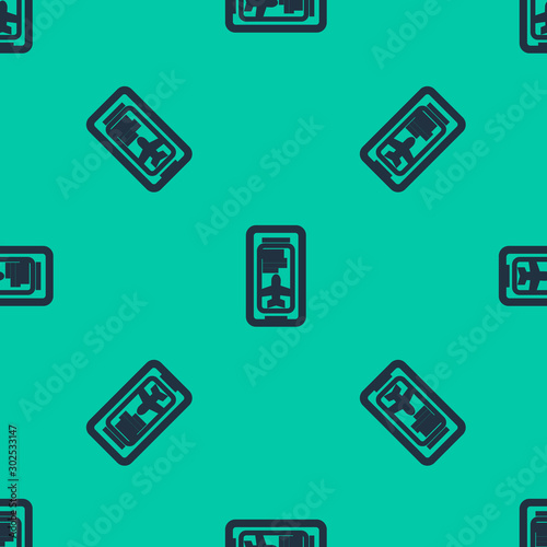 Blue line Smartphone with electronic boarding pass airline ticket icon isolated seamless pattern on green background. Passenger plane mobile ticket for web and app. Vector Illustration