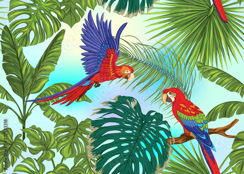 Seamless pattern, background with tropical plants, flowers and birds. Colored vector illustration. In light ultra violet pastel colors on mesh pink, blue background