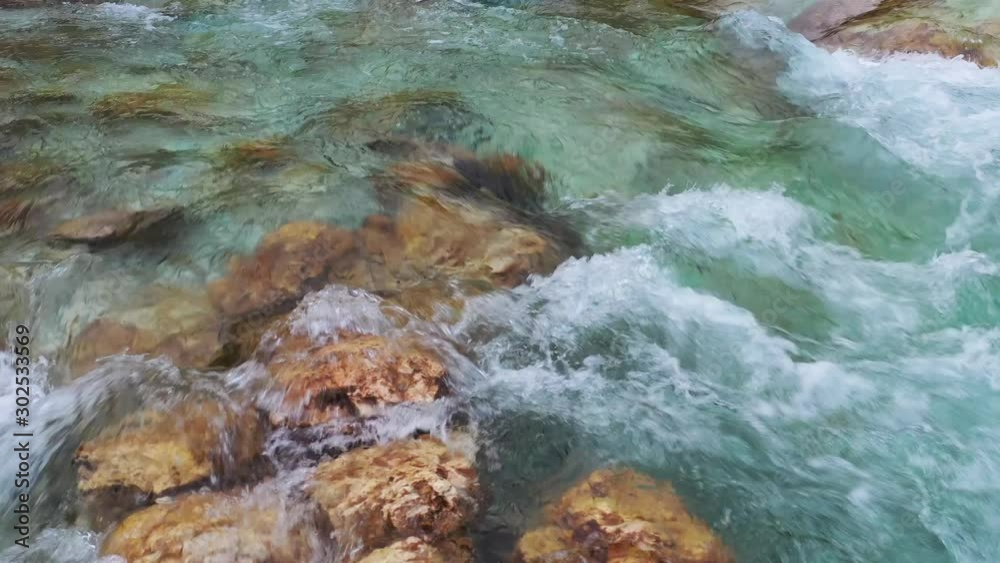 Close up View On The Surface Of A Mountain River Soca in Slovenia ,Triglav National Park. camera move left to right
