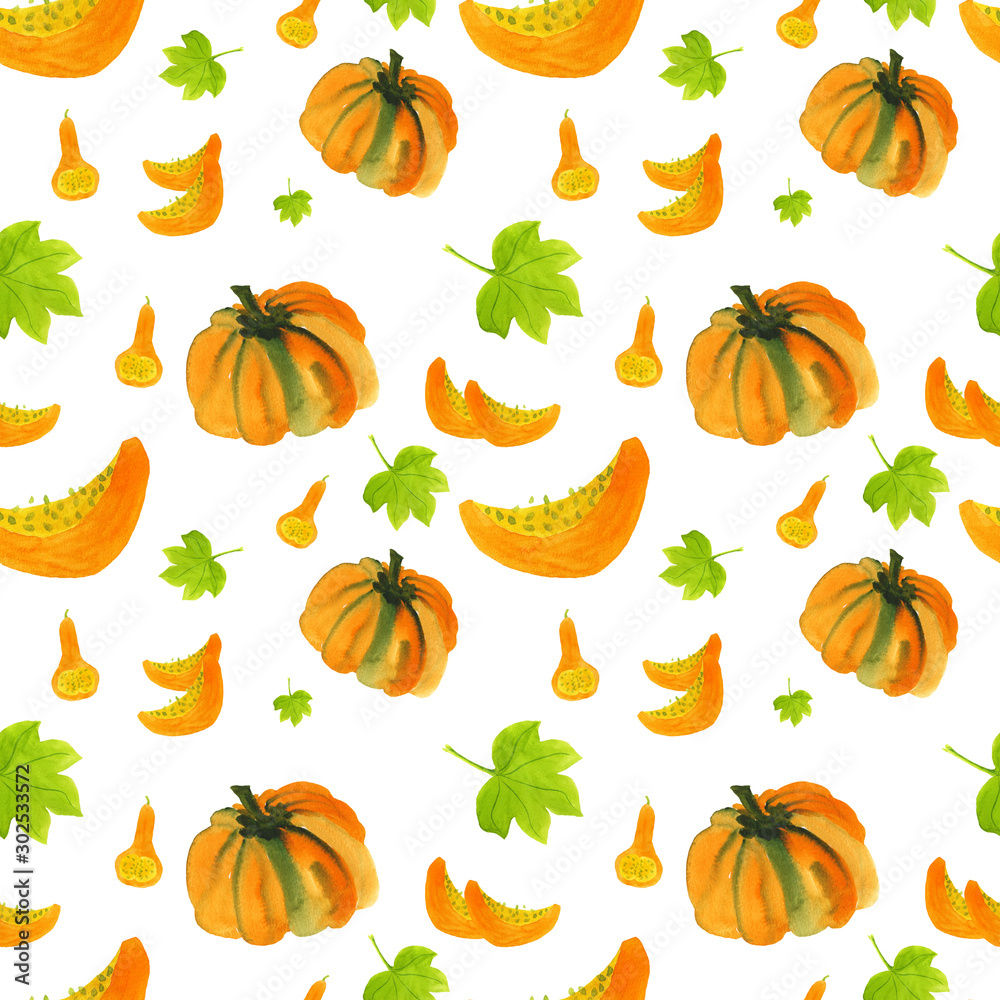 Seamless pattern of orange pumpkins, slices, green leaves and bottle gourds. Hand-drawn watercolor background Seamless pattern of orange pumpkins, slices, green leaves and bottle gourds. Hand-drawn watercolor background