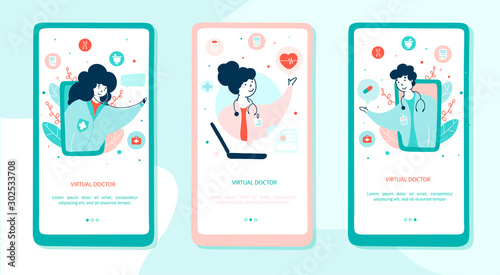 Virtual doctor onboarding mobile app page screens set