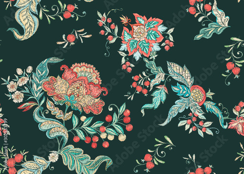 Fantasy floral seamless pattern in jacobean embroidery imitation, vintage, old, retro style. Vector illustration in soft coral and turquoise colors.