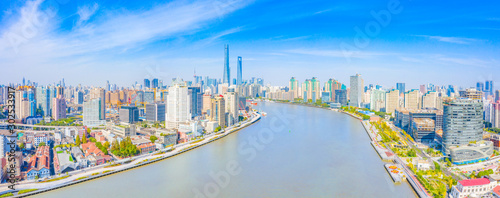 Panoramic aerial photographs of the city on the banks of the Huangpu River in Shanghai  China