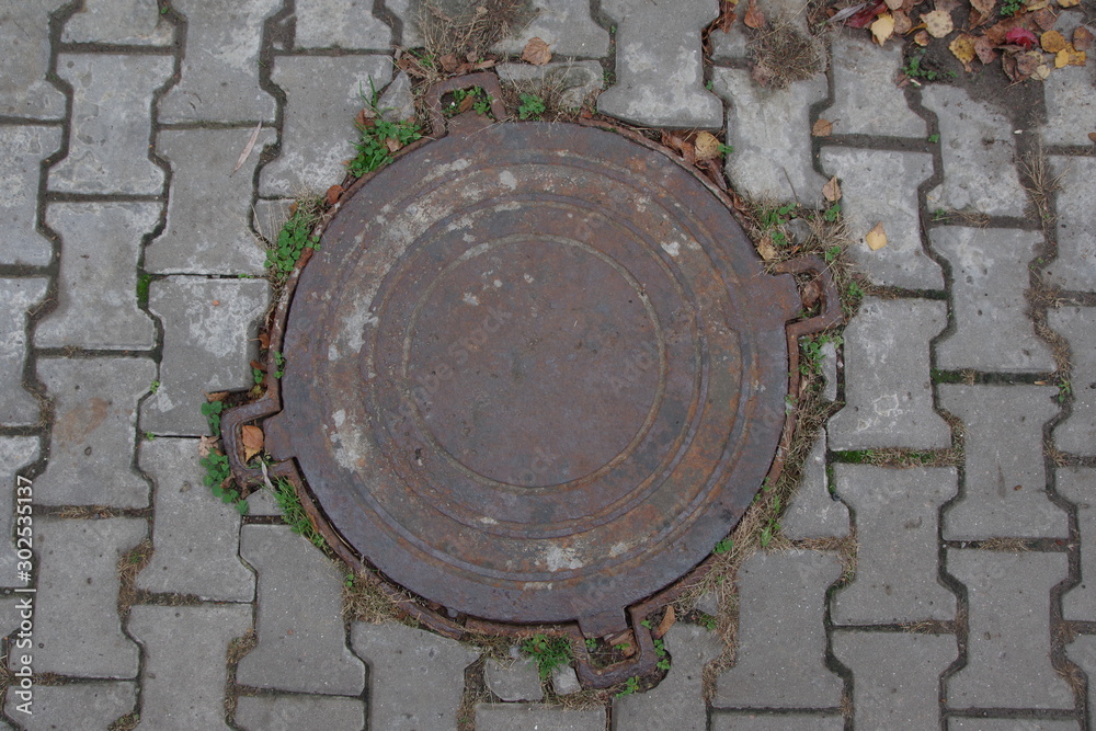 hatch, sewer, metal, cover, shell, texture, old, water, iron, street, round, drain, city,