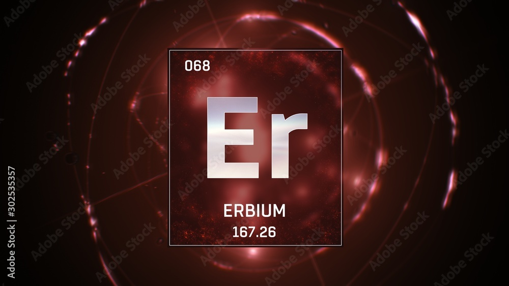 3D illustration of Erbium as Element 68 of the Periodic Table. Red illuminated atom design background with orbiting electrons. Design shows name, atomic weight and element number