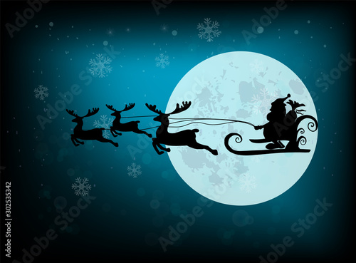 Blue background with snowflakes and the moon. Santa Claus is flying in a sleigh across the sky on deer. Vector illustration