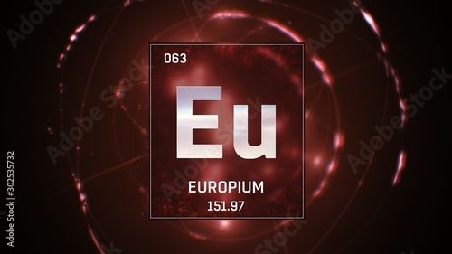 3D illustration of Europium as Element 63 of the Periodic Table. Red illuminated atom design background with orbiting electrons. Design shows name, atomic weight and element number