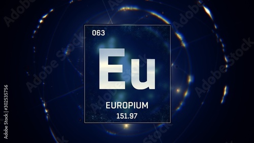 3D illustration of Europium as Element 63 of the Periodic Table. Blue illuminated atom design background with orbiting electrons. Design shows name, atomic weight and element number photo