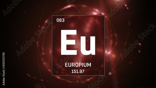 3D illustration of Europium as Element 63 of the Periodic Table. Red illuminated atom design background with orbiting electrons. Design shows name, atomic weight and element number