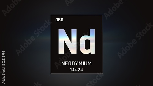 3D illustration of Neodymium as Element 60 of the Periodic Table. Grey illuminated atom design background with orbiting electrons. Design shows name, atomic weight and element number