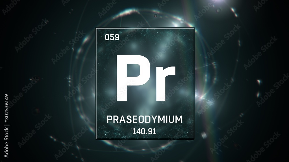 3D illustration of Praseodymium as Element 59 of the Periodic Table. Green illuminated atom design background with orbiting electrons. Design shows name, atomic weight and element number 3D illustration of Praseodymium as Element 59 of the Periodic Table. Green illuminated atom design background with orbiting electrons. Design shows name, atomic weight and element number