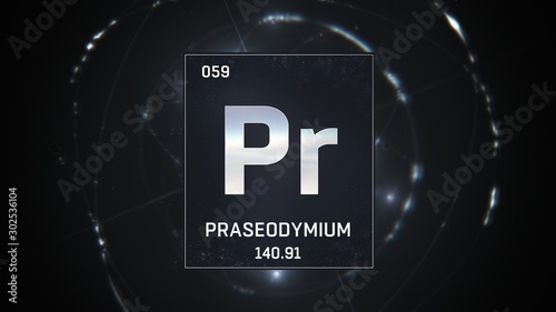 3D illustration of Praseodymium as Element 59 of the Periodic Table. Silver illuminated atom design background with orbiting electrons. Design shows name, atomic weight and element number photo