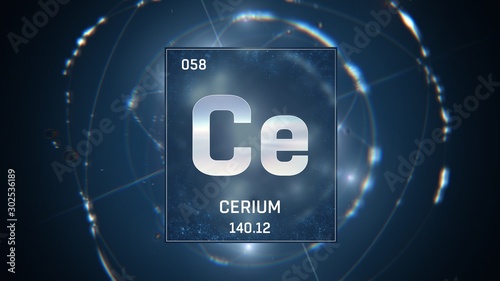 3D illustration of Cerium as Element 58 of the Periodic Table. Blue illuminated atom design background with orbiting electrons. Design shows name, atomic weight and element number