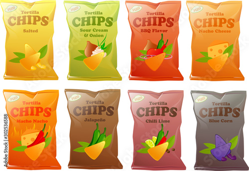 Vector illustration of various kinds of Mexican nacho chips or tortilla chips