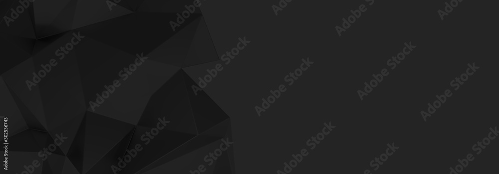 3d ILLUSTRATION, of abstract BLACK crystal background, triangular texture, wide panoramic for wallpaper