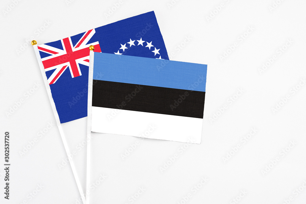 Estonia and Cook Islands stick flags on white background. High quality fabric, miniature national flag. Peaceful global concept.White floor for copy space. Estonia and Cook Islands stick flags on white background. High quality fabric, miniature national flag. Peaceful global concept.White floor for copy space.