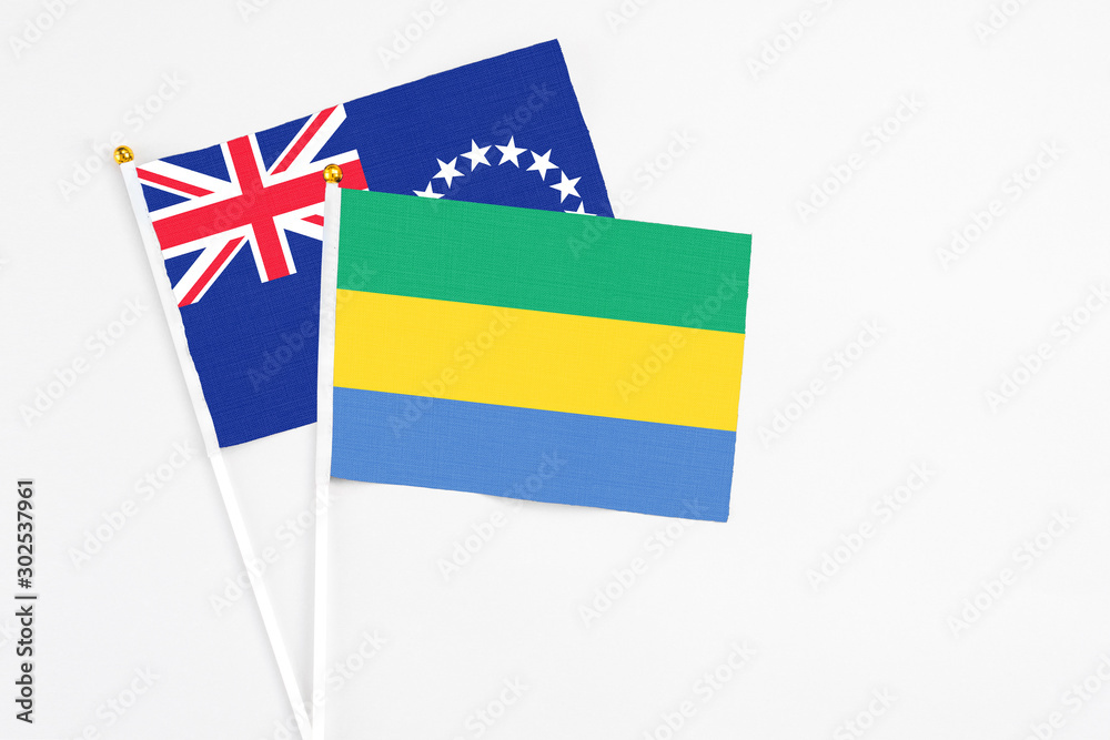 Gabon and Cook Islands stick flags on white background. High quality fabric, miniature national flag. Peaceful global concept.White floor for copy space. Gabon and Cook Islands stick flags on white background. High quality fabric, miniature national flag. Peaceful global concept.White floor for copy space.