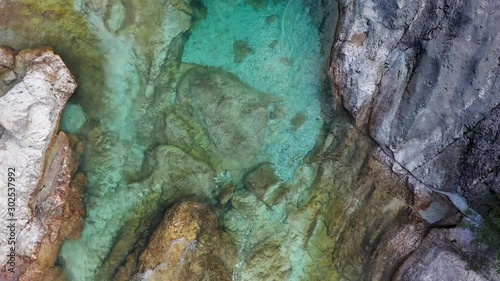 Aerial Vertical View Over The Surface Of A Mountain River Soca ,Triglav National Park. camera move upcamera move forward