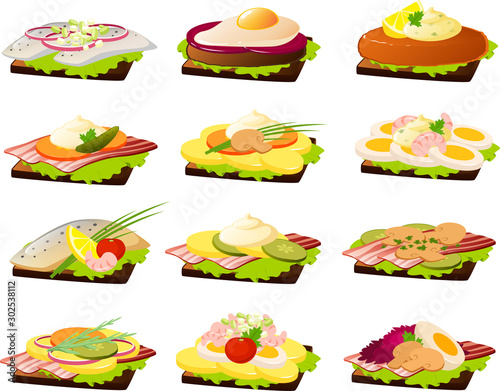 Vector illustration of various kinds of Danish open faced sandwiches or smørrebød