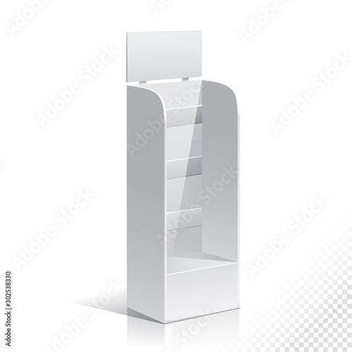 White Empty Displays With Shelves Products.Display on Isolated white background. Mock-up template ready for design. Product Packing Vector
