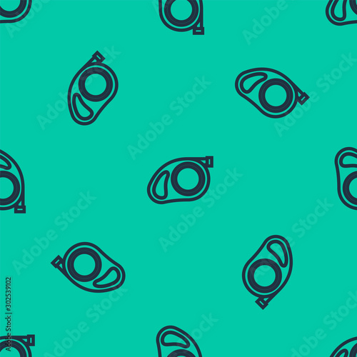Blue line Retractable cord leash with carabiner icon isolated seamless pattern on green background. Pet dog lead. Pet supplies. Animal accessory for outdoors walk. Vector Illustration