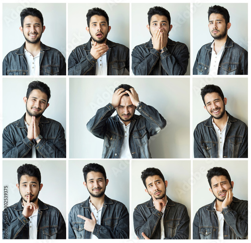 Collage of man with different facial expressions and gestures isolated on gray background. Set of multiple images photo